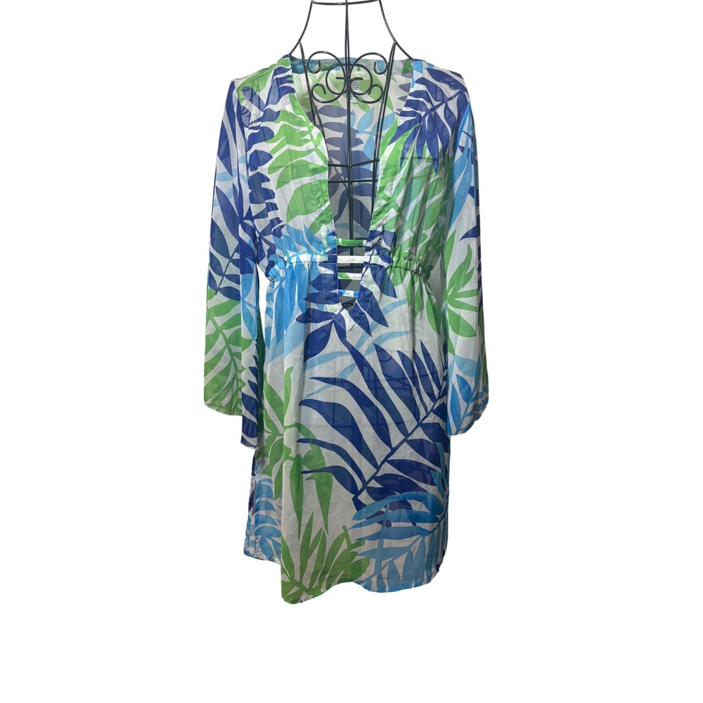 Pineapple Cove Tropical Leaf Print Swim Cover Up Dress Blue Green Medium